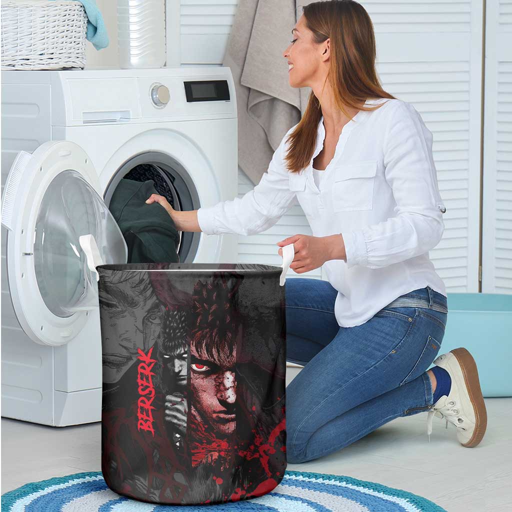 Guts Berserk Dark Theme Laundry Basket with Blood Splatter and Intense Warrior Expression Design - The Mazicc