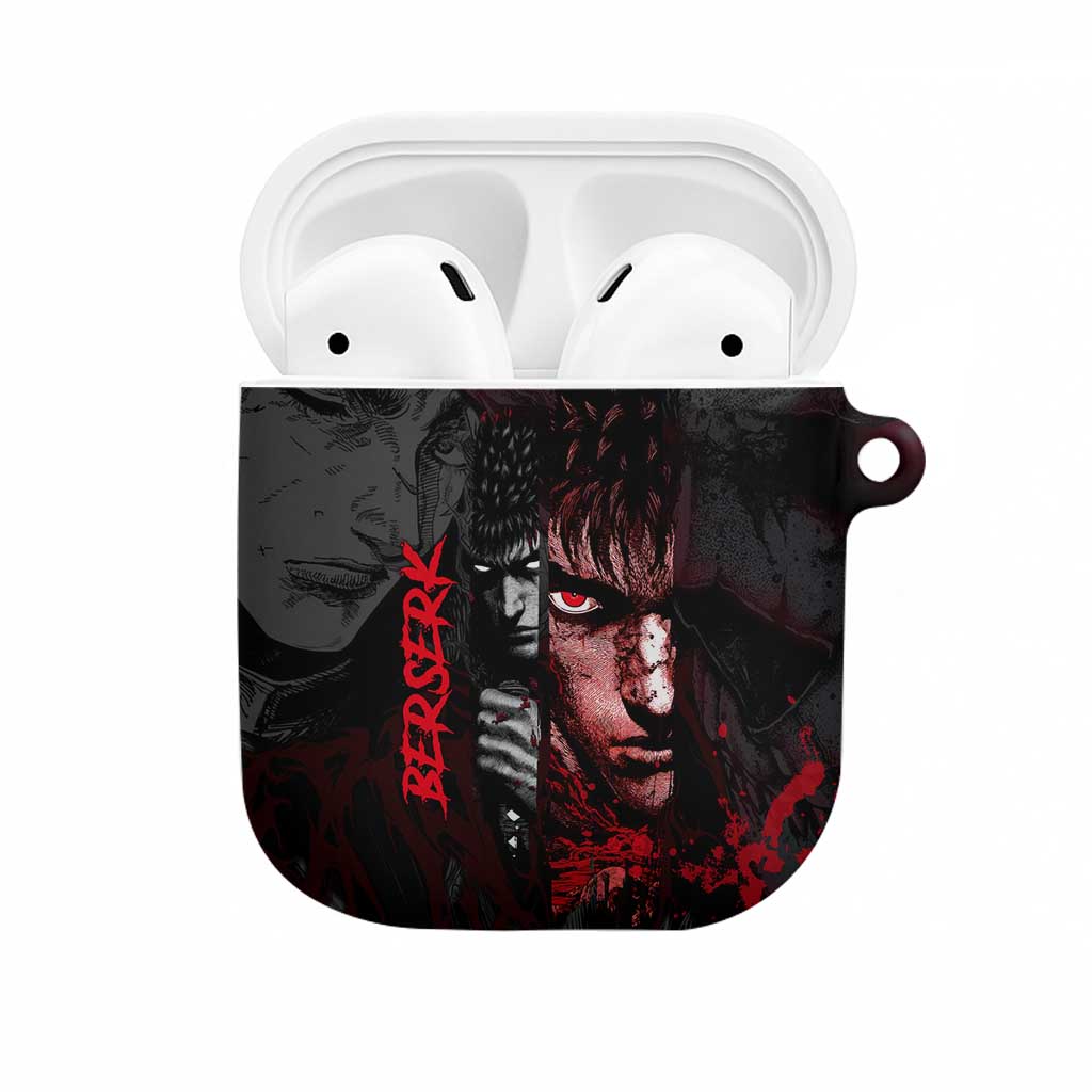Guts Berserk Dark Theme AirPods Case with Blood Splatter and Intense Warrior Expression Design - The Mazicc