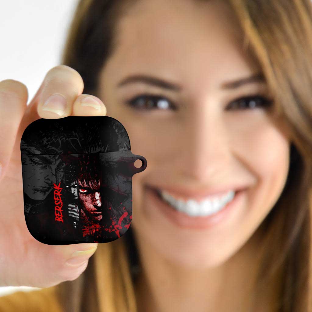 Guts Berserk Dark Theme AirPods Case with Blood Splatter and Intense Warrior Expression Design - The Mazicc