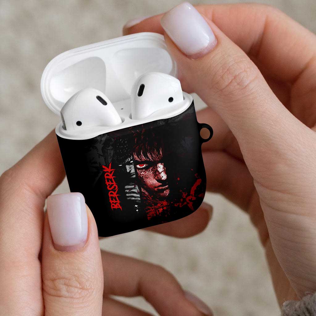 Guts Berserk Dark Theme AirPods Case with Blood Splatter and Intense Warrior Expression Design - The Mazicc