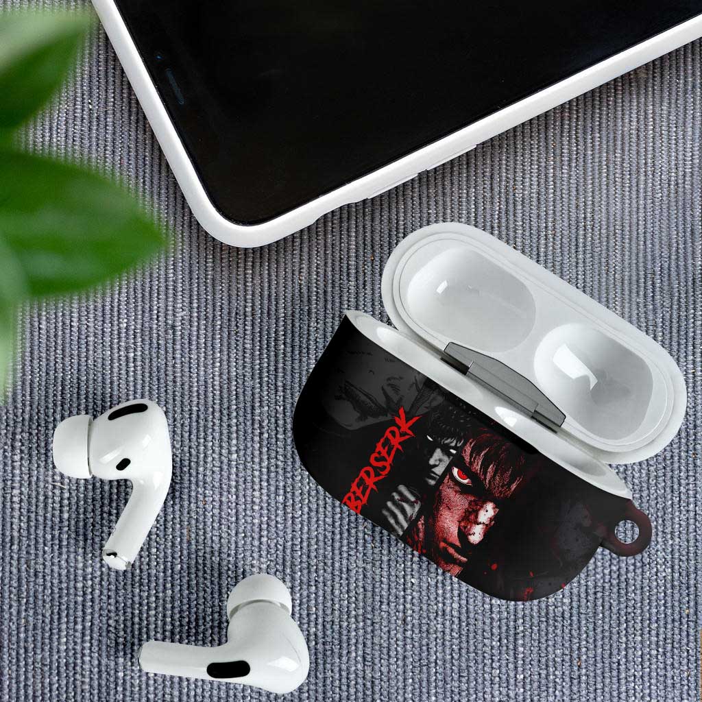 Guts Berserk Dark Theme AirPods Case with Blood Splatter and Intense Warrior Expression Design - The Mazicc