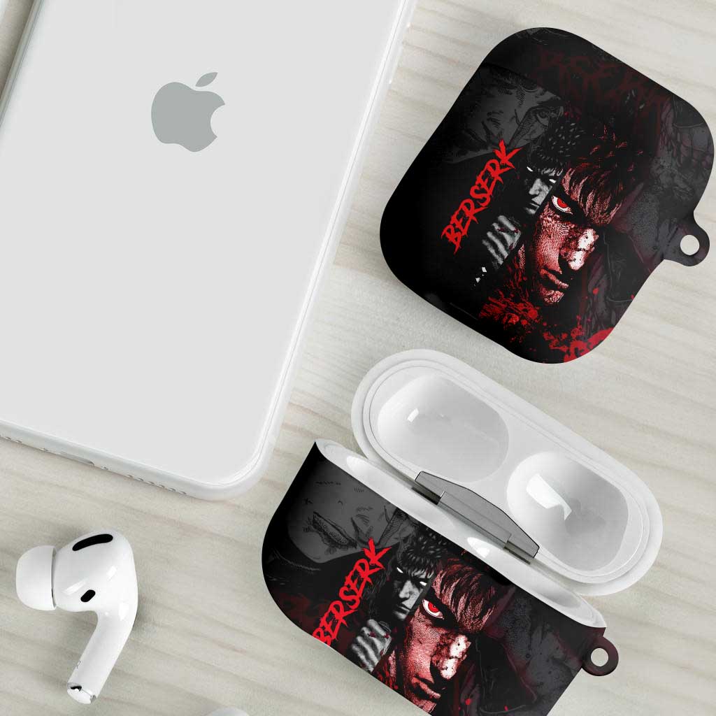 Guts Berserk Dark Theme AirPods Case with Blood Splatter and Intense Warrior Expression Design - The Mazicc