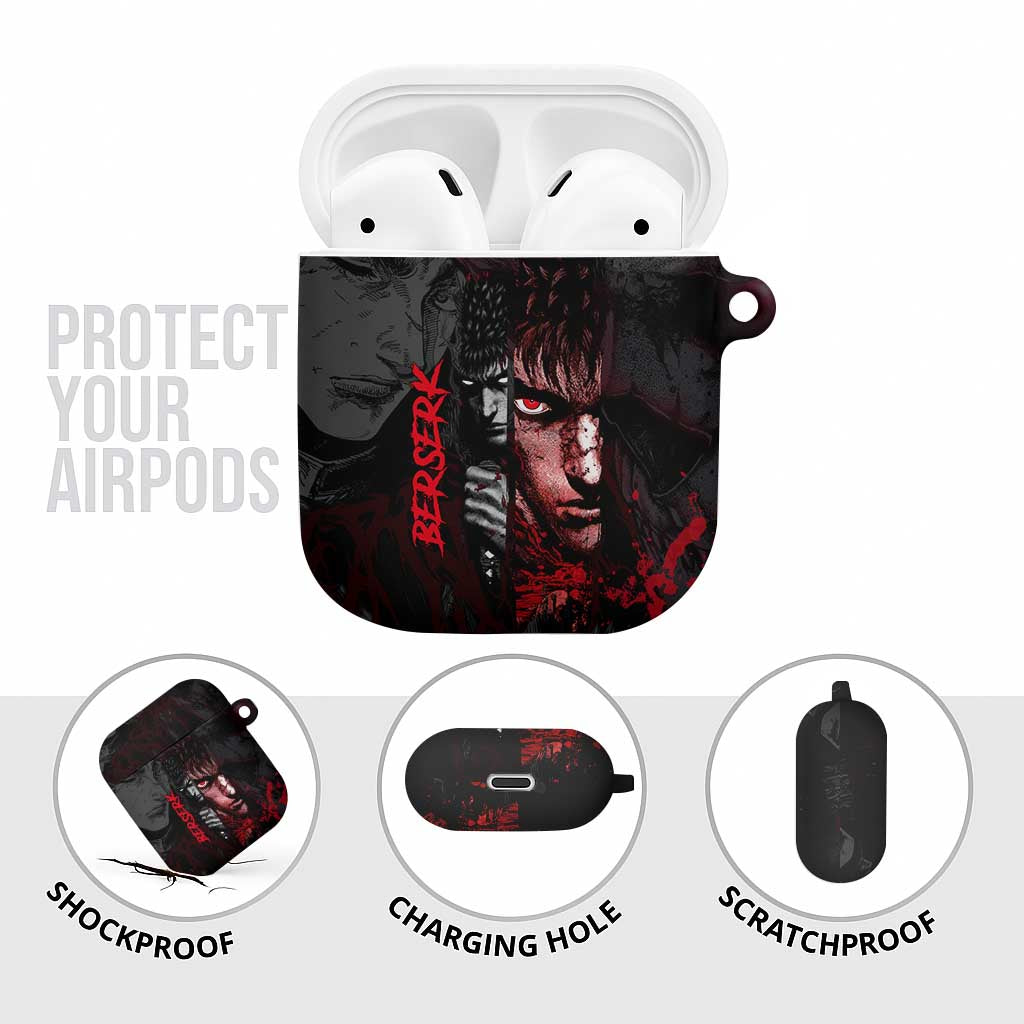 Guts Berserk Dark Theme AirPods Case with Blood Splatter and Intense Warrior Expression Design - The Mazicc