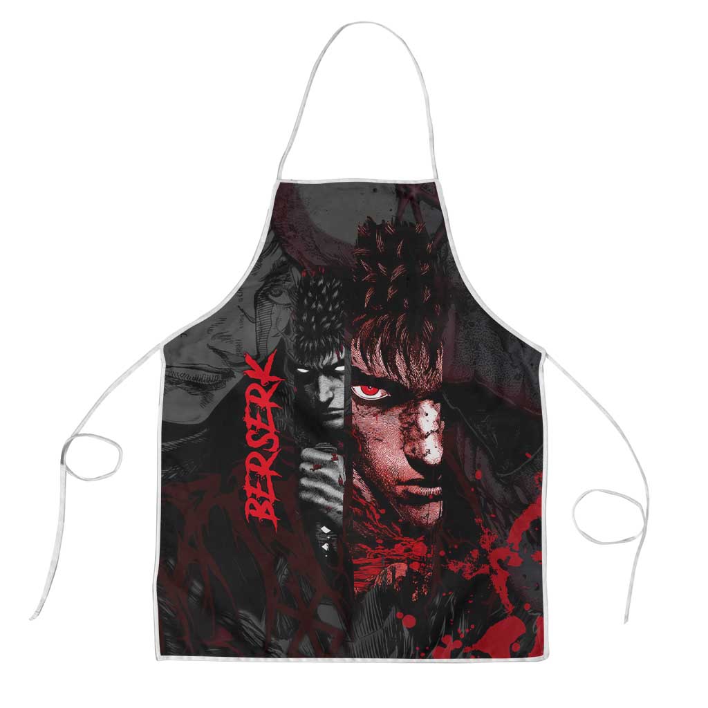 Guts Berserk Dark Theme Apron with Blood Splatter and Intense Warrior Expression Design - The Mazicc