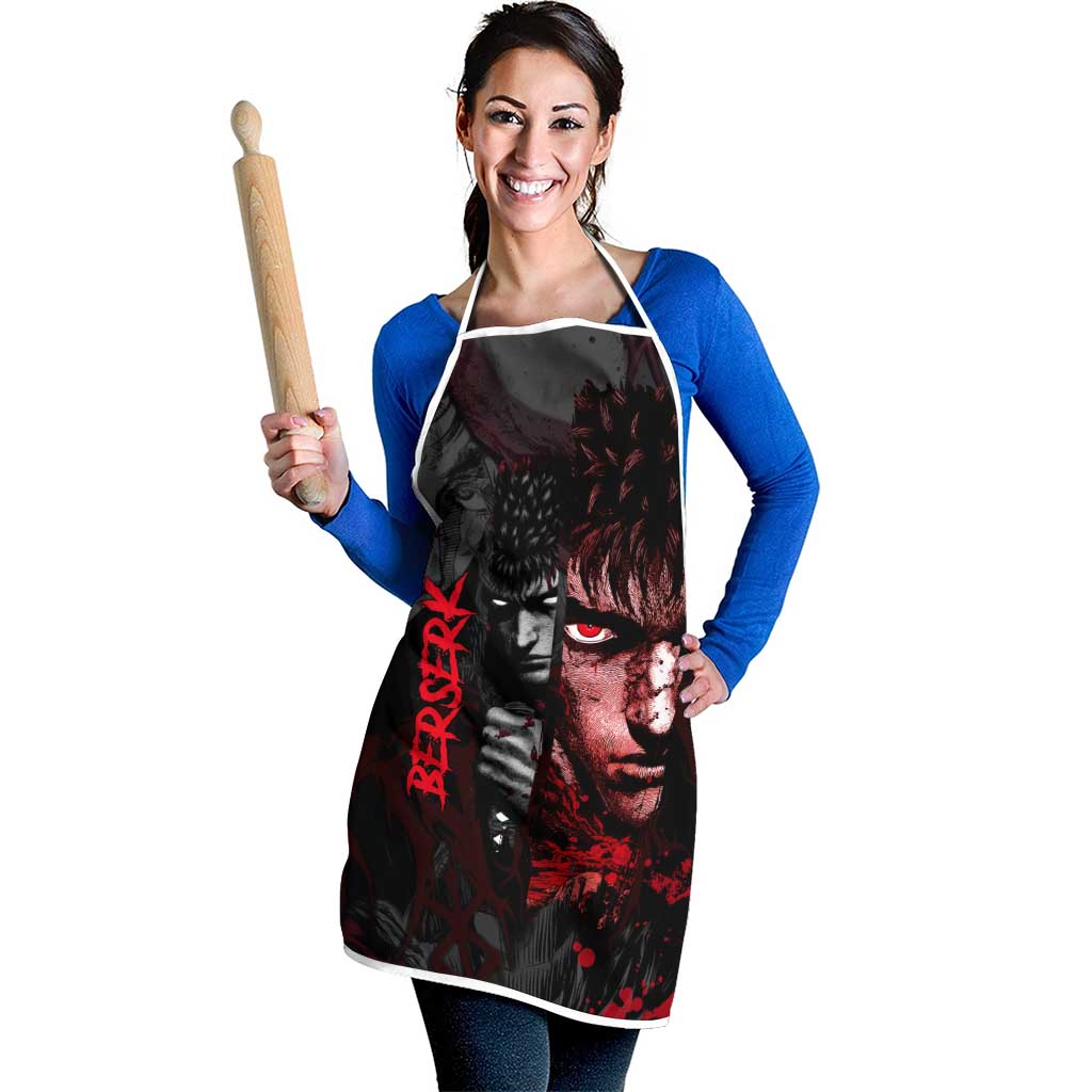 Guts Berserk Dark Theme Apron with Blood Splatter and Intense Warrior Expression Design - The Mazicc