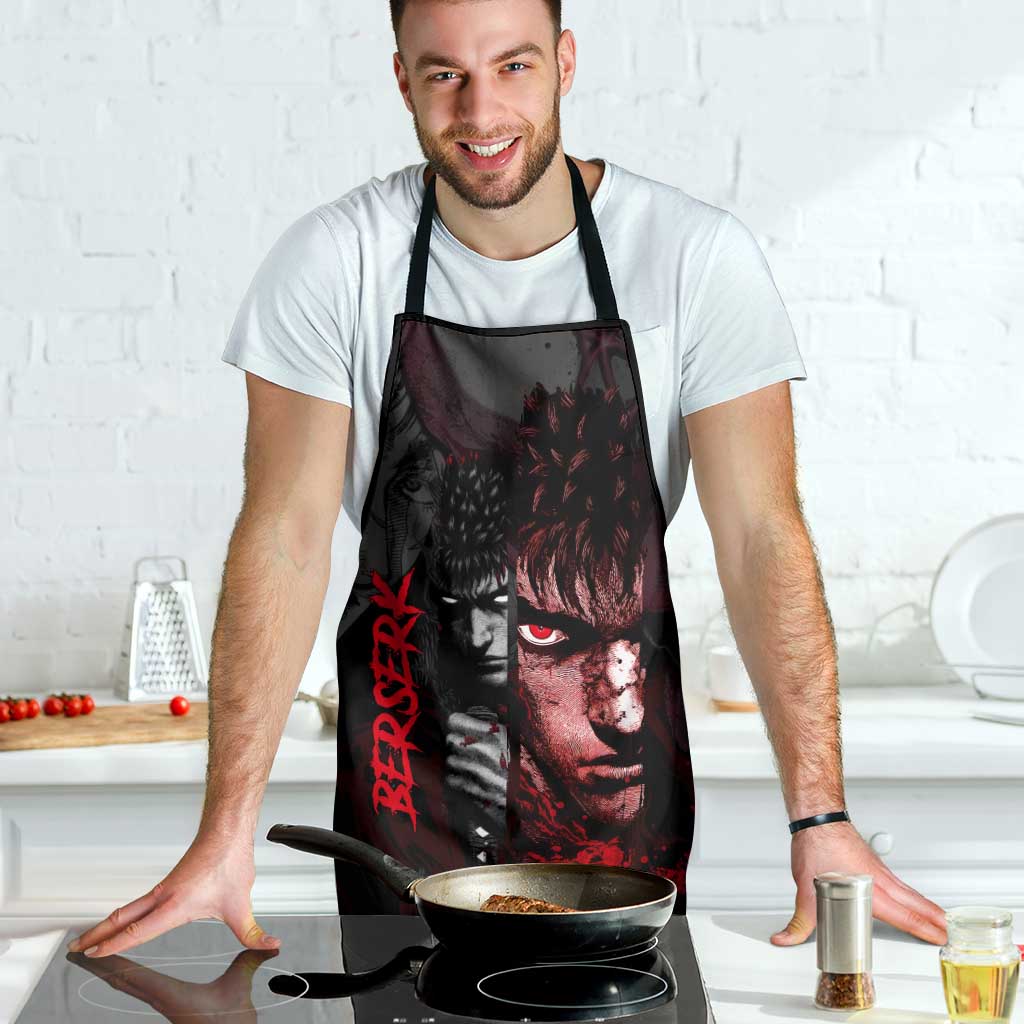 Guts Berserk Dark Theme Apron with Blood Splatter and Intense Warrior Expression Design - The Mazicc