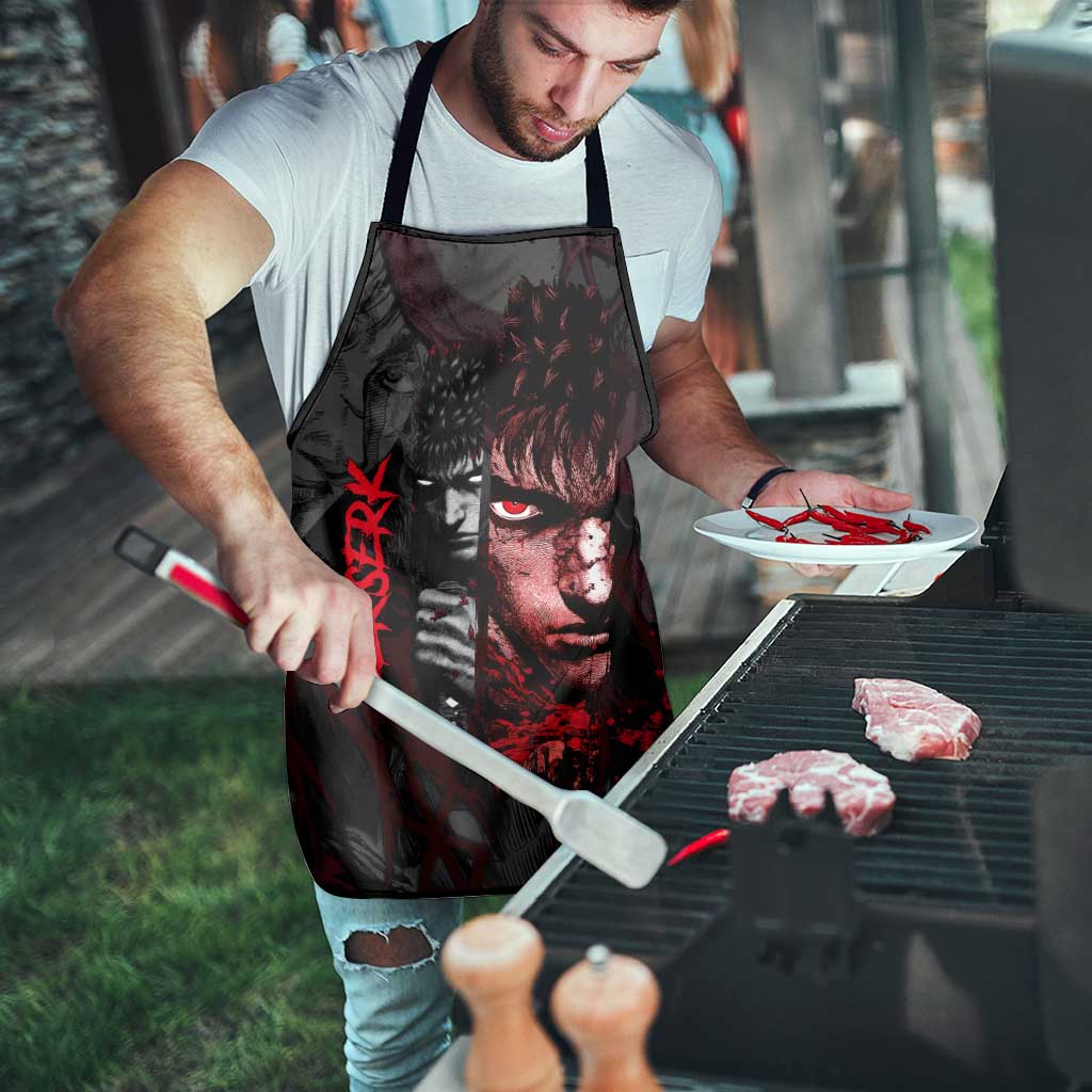 Guts Berserk Dark Theme Apron with Blood Splatter and Intense Warrior Expression Design - The Mazicc