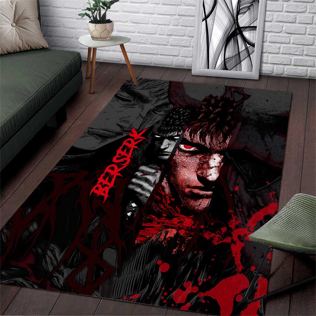 Guts Berserk Dark Theme Area Rug with Blood Splatter and Intense Warrior Expression Design - The Mazicc