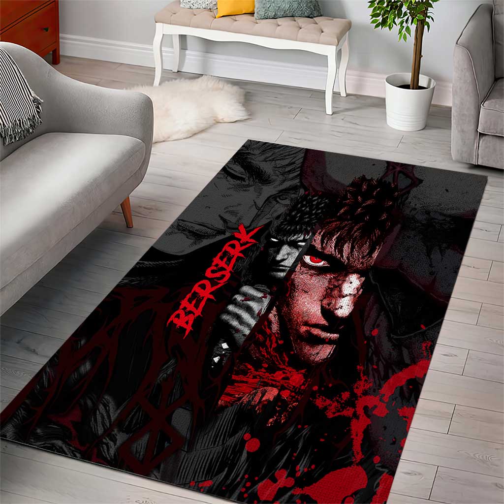 Guts Berserk Dark Theme Area Rug with Blood Splatter and Intense Warrior Expression Design - The Mazicc