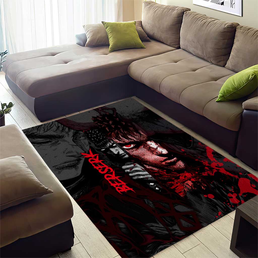 Guts Berserk Dark Theme Area Rug with Blood Splatter and Intense Warrior Expression Design - The Mazicc