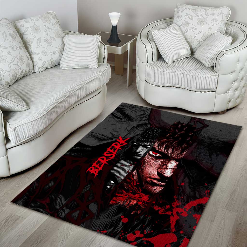 Guts Berserk Dark Theme Area Rug with Blood Splatter and Intense Warrior Expression Design - The Mazicc