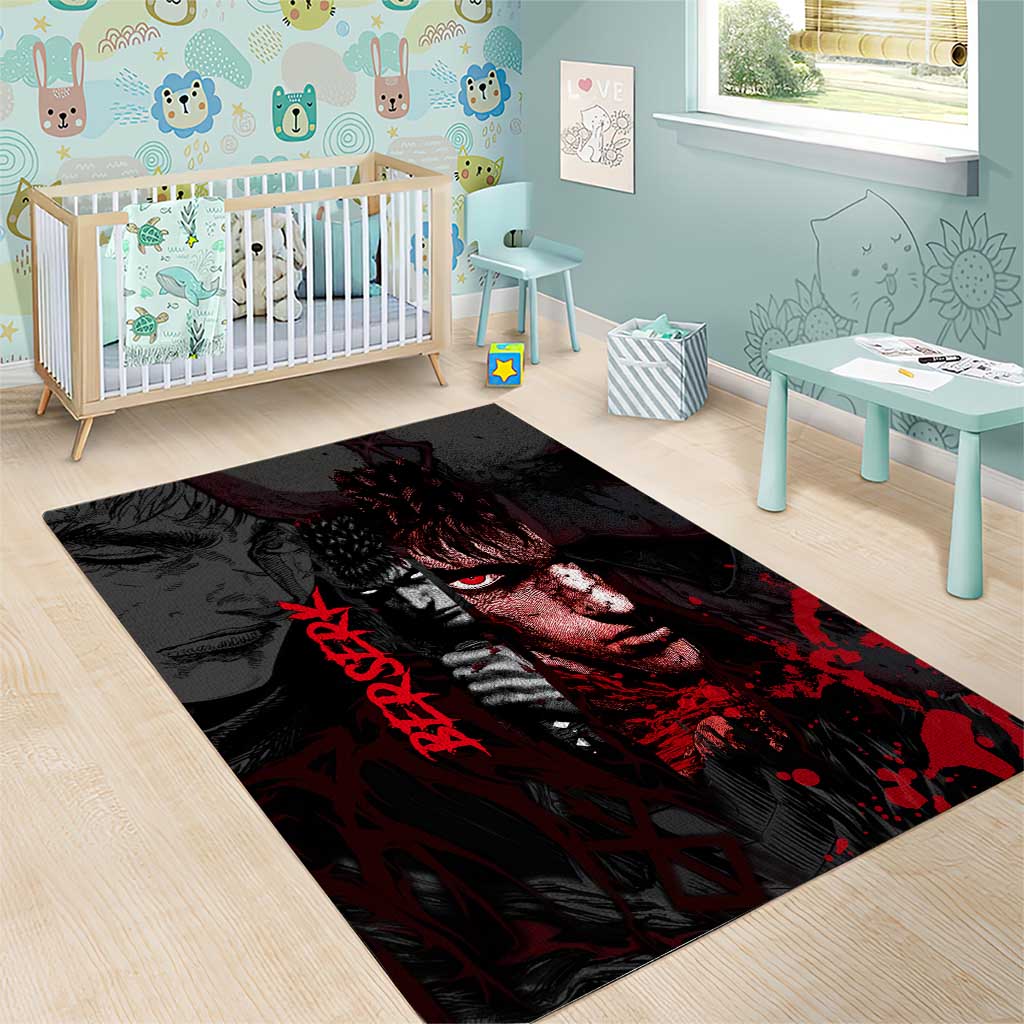 Guts Berserk Dark Theme Area Rug with Blood Splatter and Intense Warrior Expression Design - The Mazicc