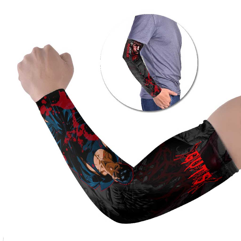 Guts Berserk Dark Theme Arm Sleeves with Blood Splatter and Intense Warrior Expression Design - The Mazicc
