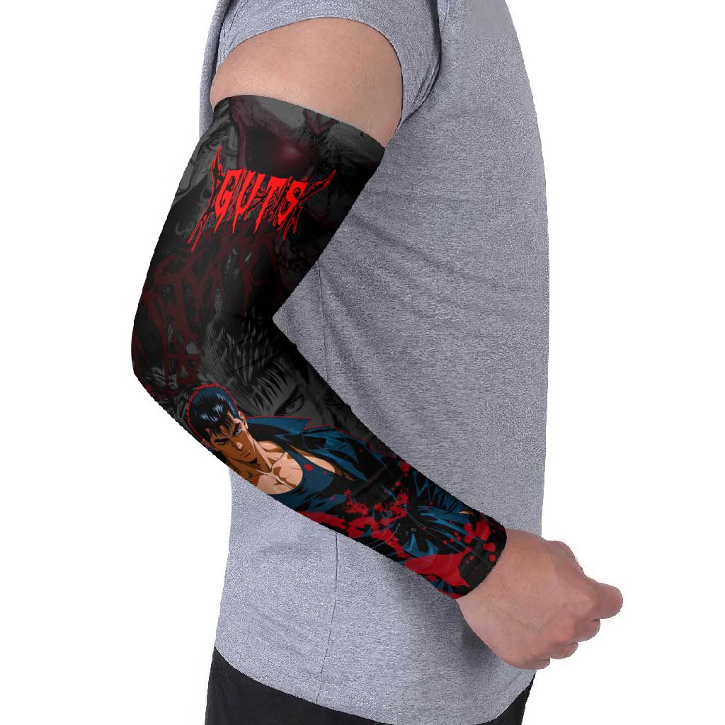 Guts Berserk Dark Theme Arm Sleeves with Blood Splatter and Intense Warrior Expression Design - The Mazicc
