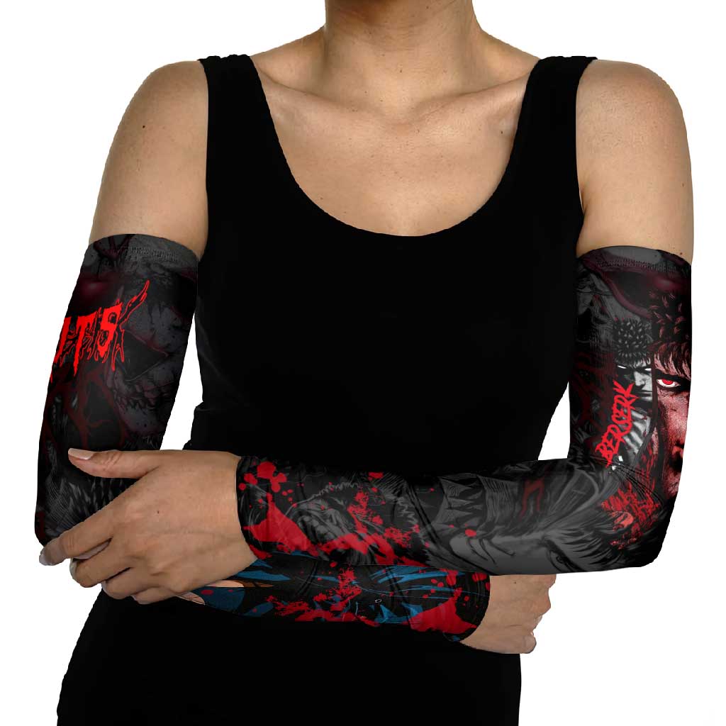 Guts Berserk Dark Theme Arm Sleeves with Blood Splatter and Intense Warrior Expression Design - The Mazicc