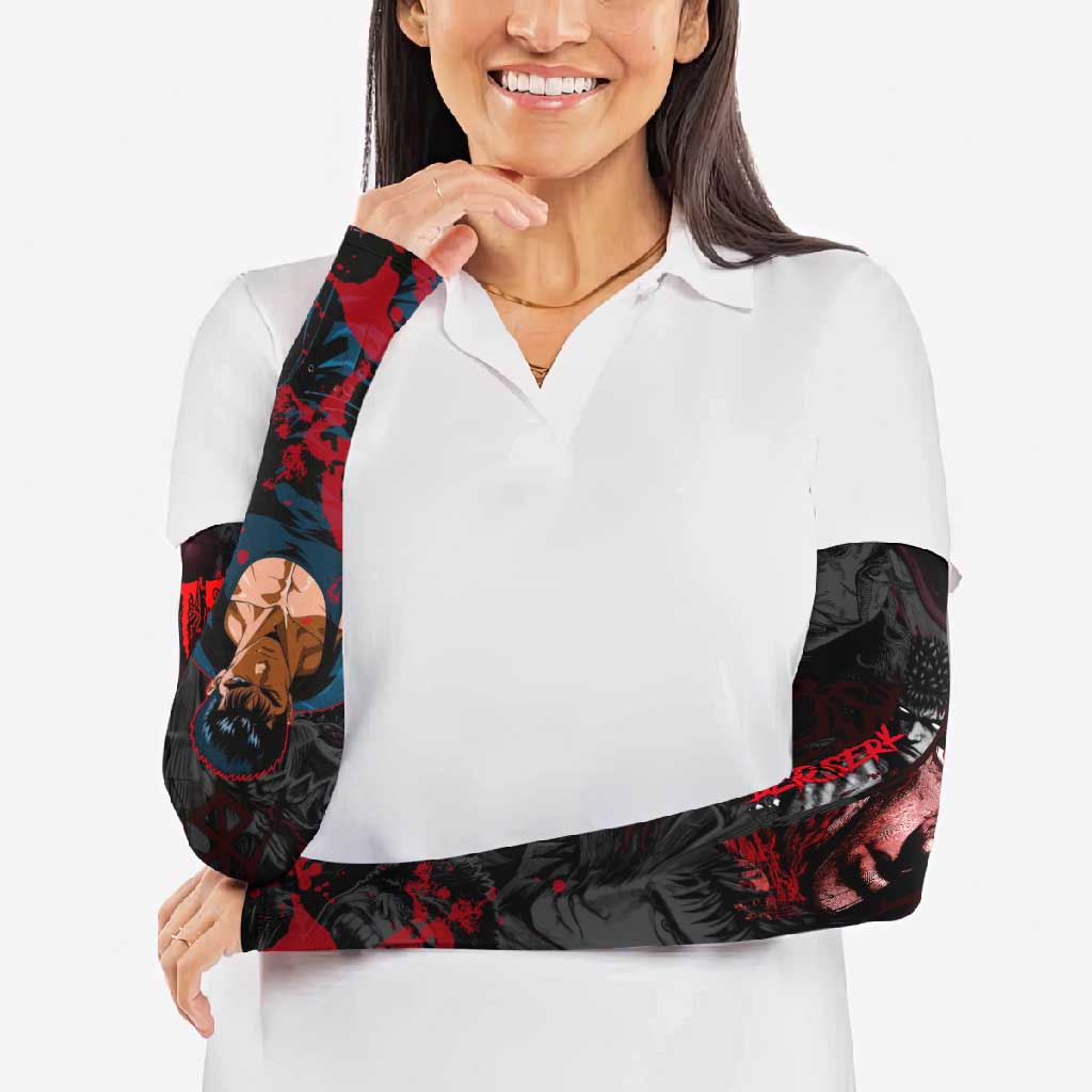 Guts Berserk Dark Theme Arm Sleeves with Blood Splatter and Intense Warrior Expression Design - The Mazicc