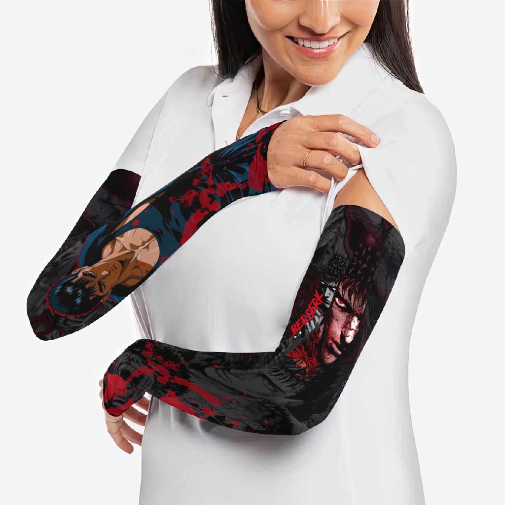 Guts Berserk Dark Theme Arm Sleeves with Blood Splatter and Intense Warrior Expression Design - The Mazicc