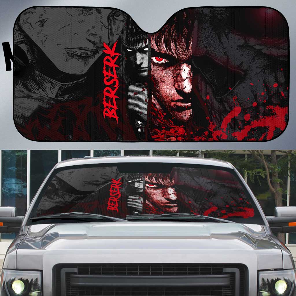 Guts Berserk Dark Theme Auto Sun Shade with Blood Splatter and Intense Warrior Expression Design - The Mazicc