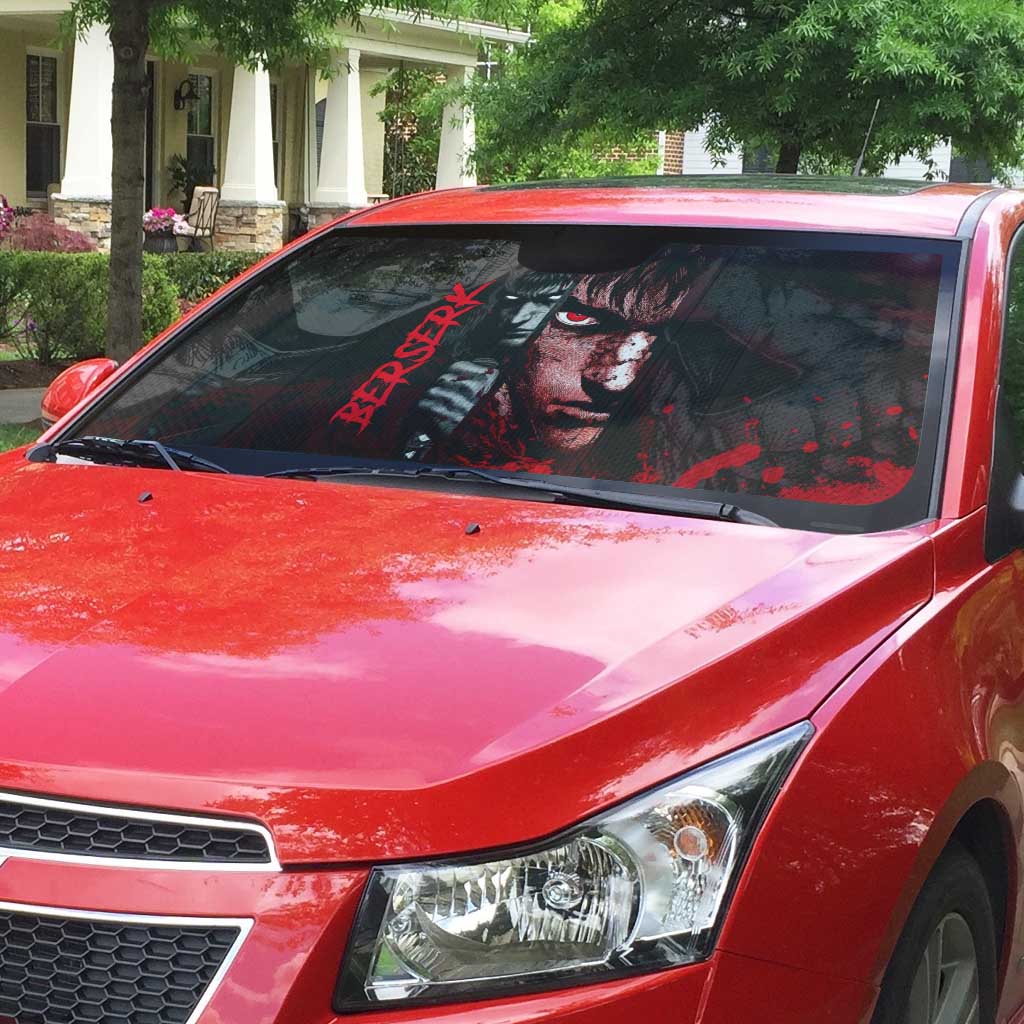 Guts Berserk Dark Theme Auto Sun Shade with Blood Splatter and Intense Warrior Expression Design - The Mazicc