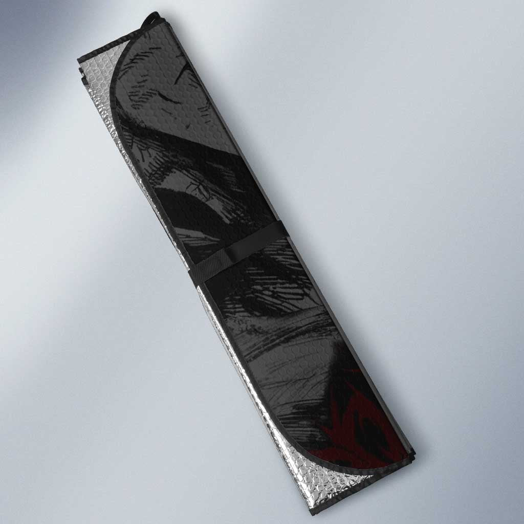Guts Berserk Dark Theme Auto Sun Shade with Blood Splatter and Intense Warrior Expression Design - The Mazicc