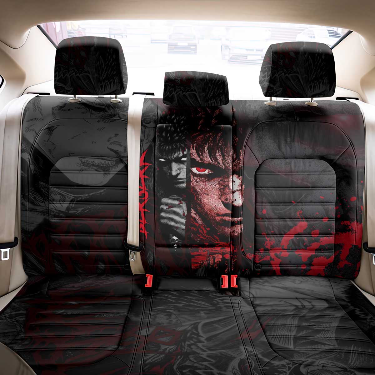 Guts Berserk Dark Theme Back Car Seat Cover with Blood Splatter and Intense Warrior Expression Design - The Mazicc