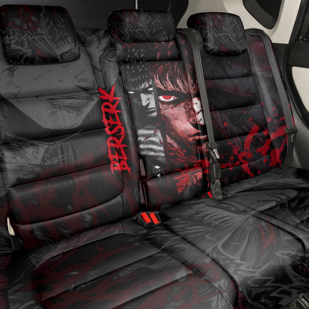 Guts Berserk Dark Theme Back Car Seat Cover with Blood Splatter and Intense Warrior Expression Design - The Mazicc