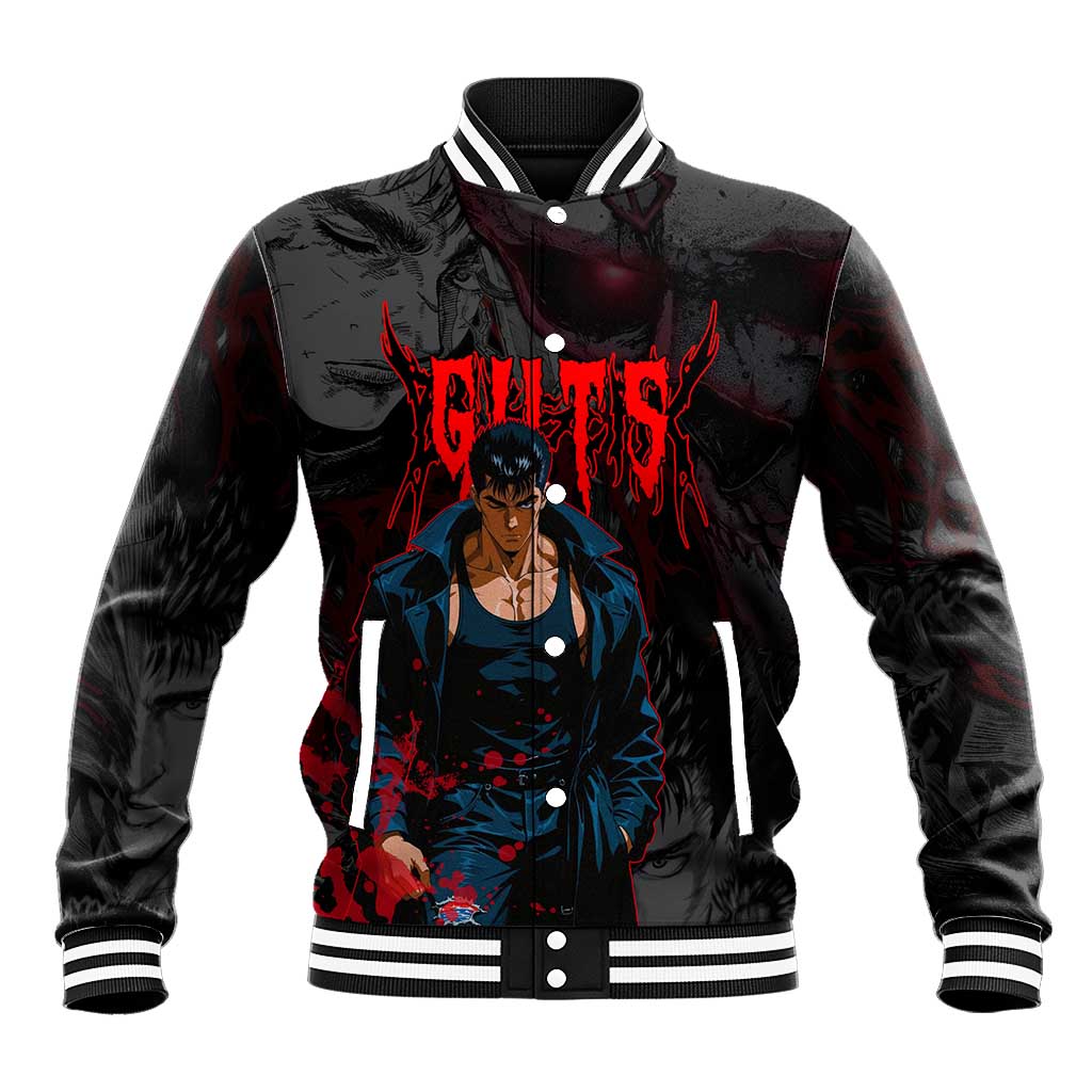 Guts Berserk Dark Theme Baseball Jacket with Blood Splatter and Intense Warrior Expression Design - The Mazicc