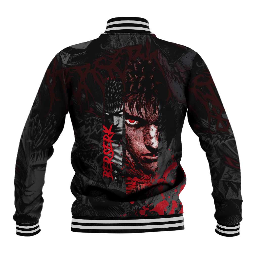 Guts Berserk Dark Theme Baseball Jacket with Blood Splatter and Intense Warrior Expression Design - The Mazicc