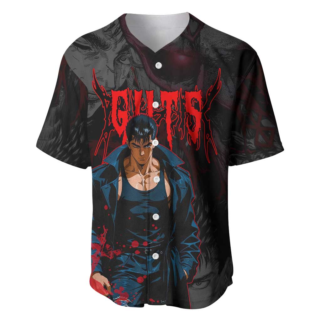 Guts Berserk Dark Theme Baseball Jersey with Blood Splatter and Intense Warrior Expression Design - The Mazicc