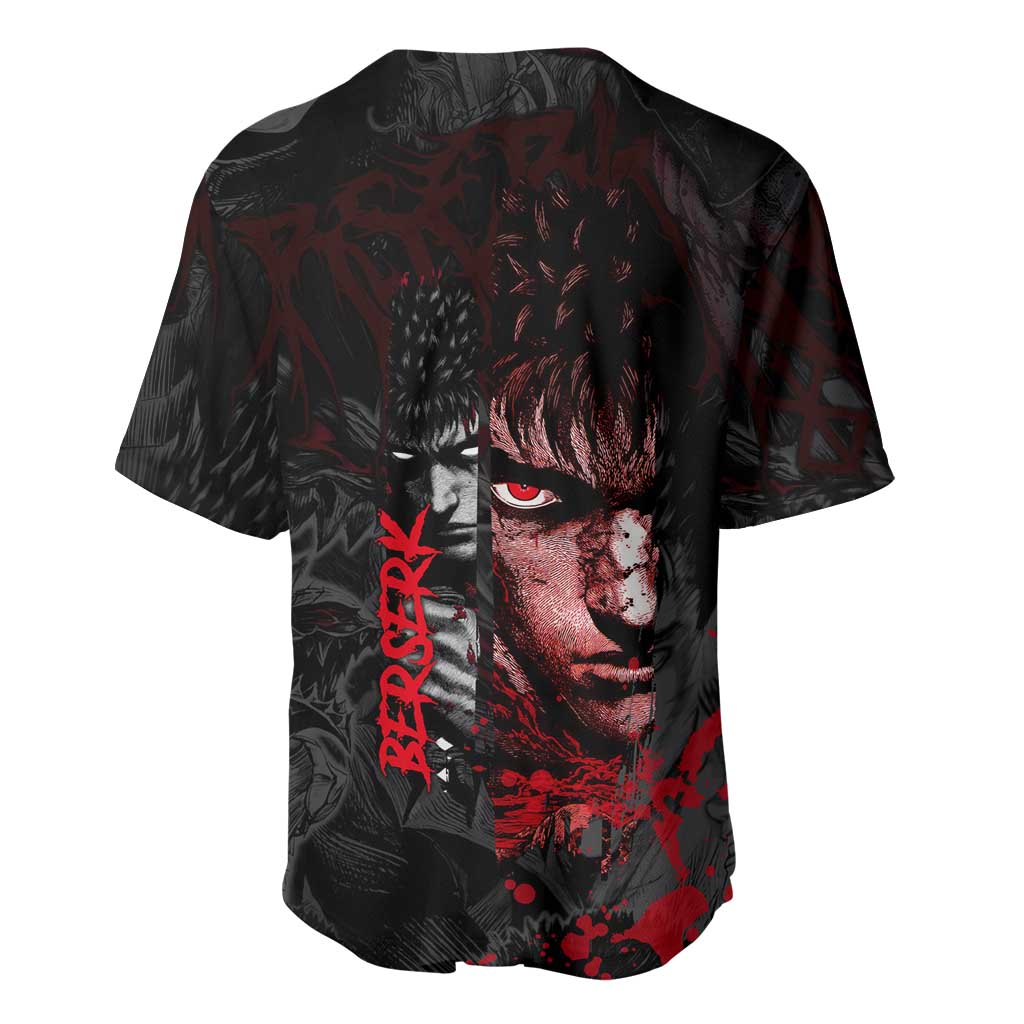 Guts Berserk Dark Theme Baseball Jersey with Blood Splatter and Intense Warrior Expression Design - The Mazicc