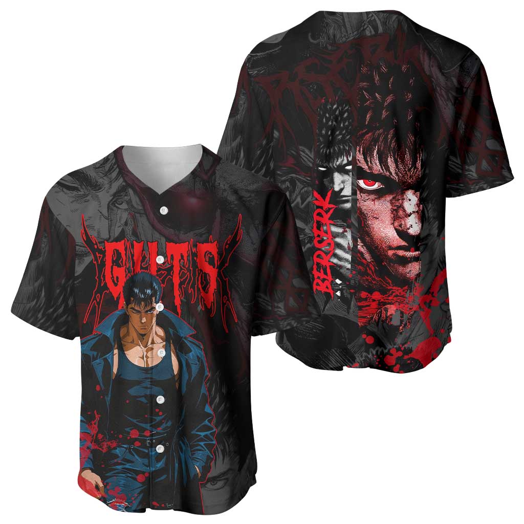 Guts Berserk Dark Theme Baseball Jersey with Blood Splatter and Intense Warrior Expression Design - The Mazicc