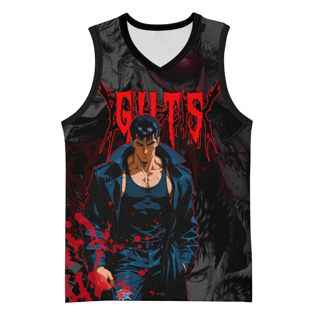 Guts Berserk Dark Theme Basketball Jersey with Blood Splatter and Intense Warrior Expression Design - The Mazicc