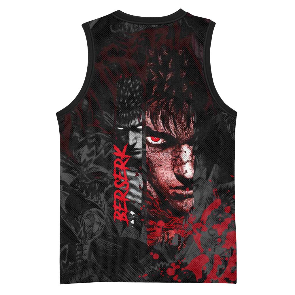 Guts Berserk Dark Theme Basketball Jersey with Blood Splatter and Intense Warrior Expression Design - The Mazicc