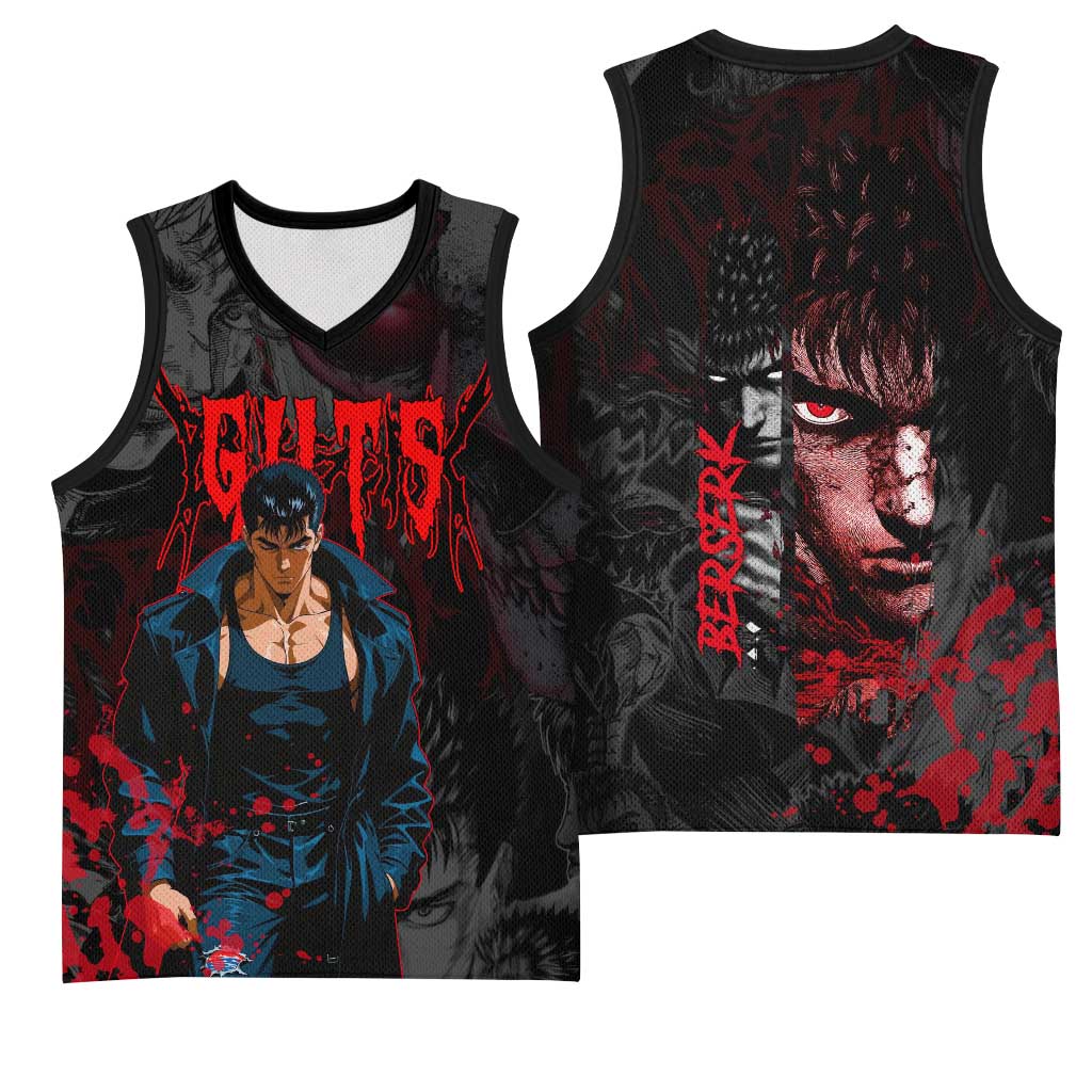 Guts Berserk Dark Theme Basketball Jersey with Blood Splatter and Intense Warrior Expression Design - The Mazicc