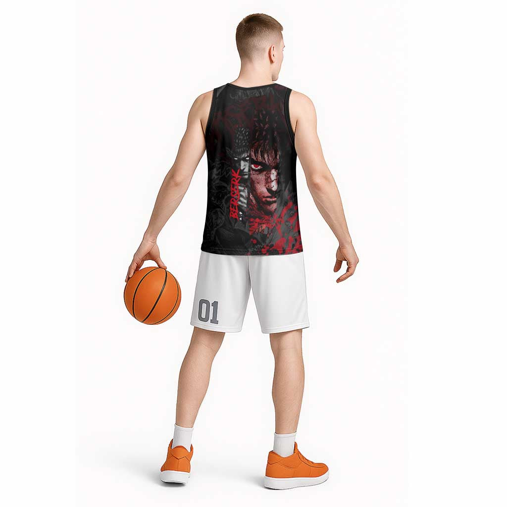 Guts Berserk Dark Theme Basketball Jersey with Blood Splatter and Intense Warrior Expression Design - The Mazicc