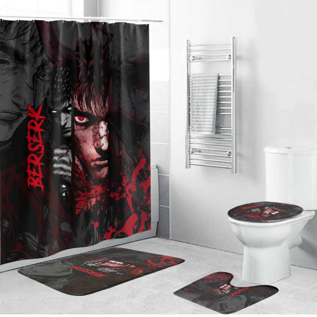 Guts Berserk Dark Theme Bathroom Set with Blood Splatter and Intense Warrior Expression Design - The Mazicc