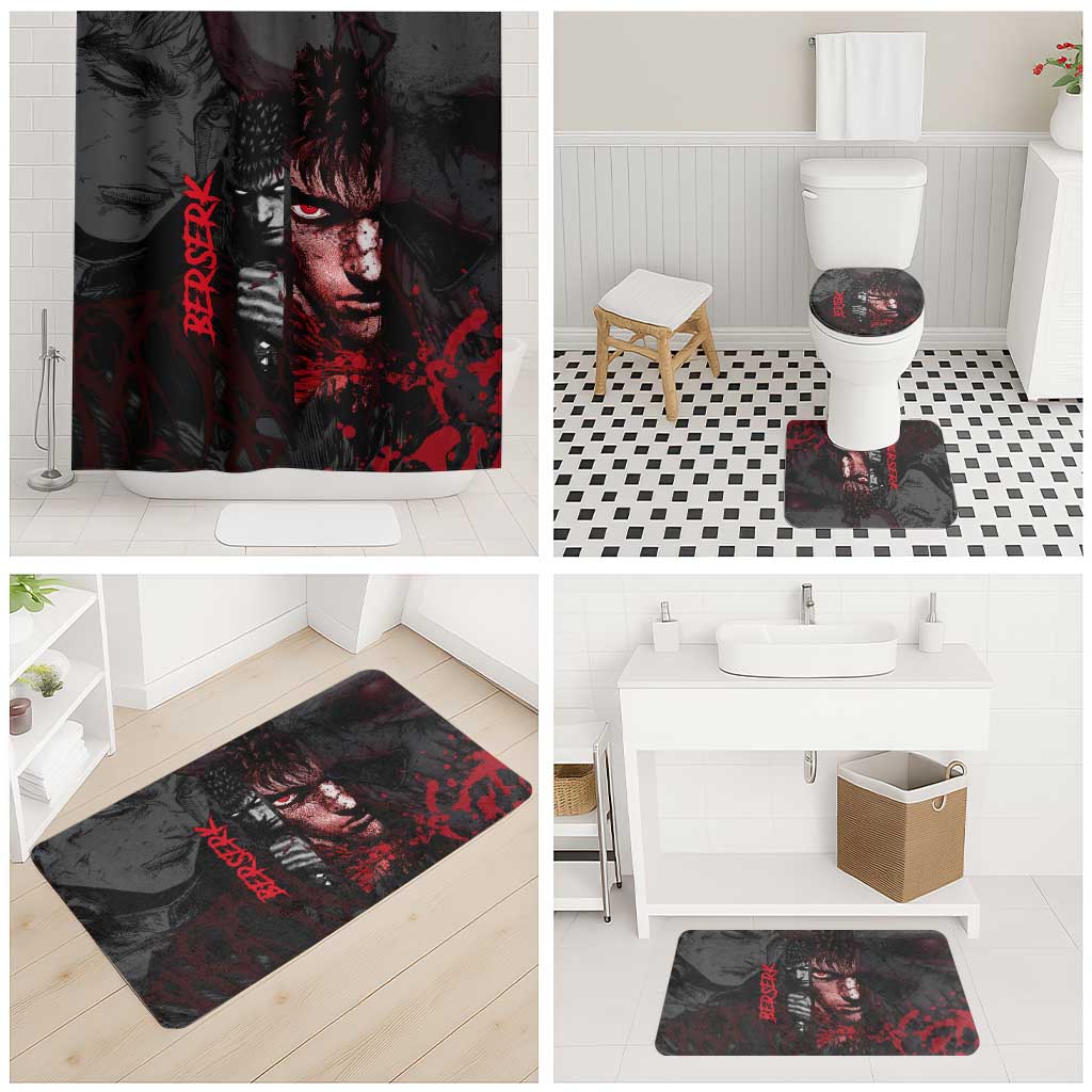 Guts Berserk Dark Theme Bathroom Set with Blood Splatter and Intense Warrior Expression Design - The Mazicc