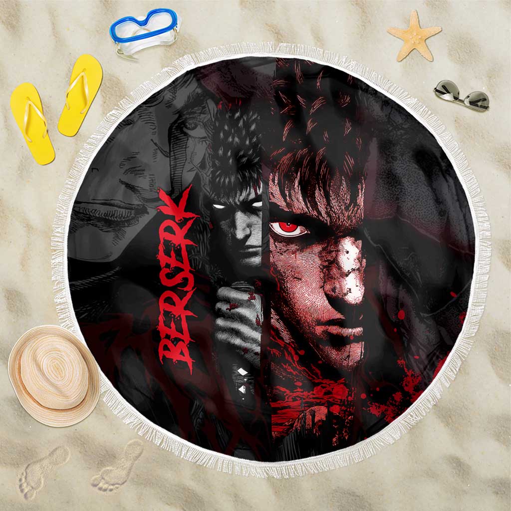 Guts Berserk Dark Theme Beach Blanket with Blood Splatter and Intense Warrior Expression Design - The Mazicc