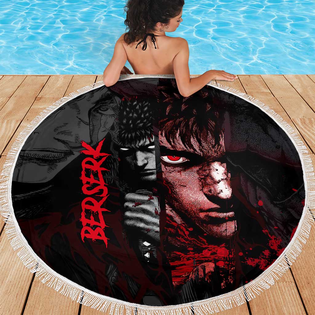 Guts Berserk Dark Theme Beach Blanket with Blood Splatter and Intense Warrior Expression Design - The Mazicc