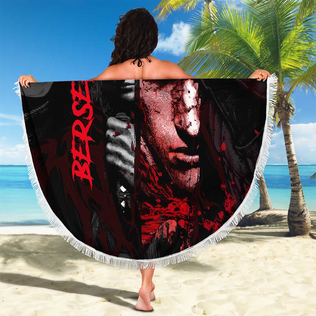 Guts Berserk Dark Theme Beach Blanket with Blood Splatter and Intense Warrior Expression Design - The Mazicc
