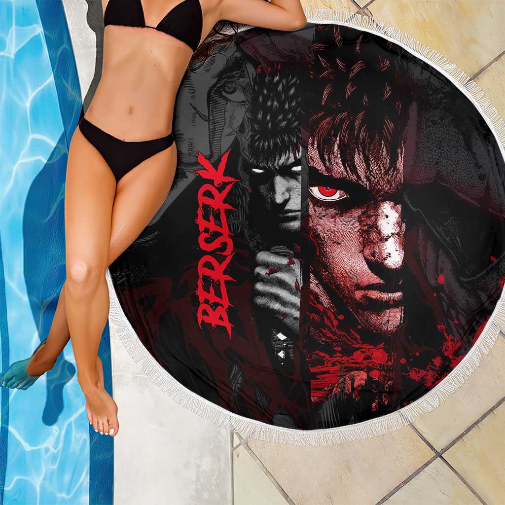 Guts Berserk Dark Theme Beach Blanket with Blood Splatter and Intense Warrior Expression Design - The Mazicc