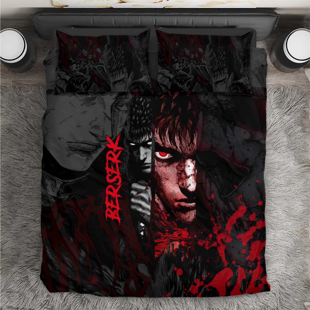 Guts Berserk Dark Theme Bedding Set with Blood Splatter and Intense Warrior Expression Design - The Mazicc
