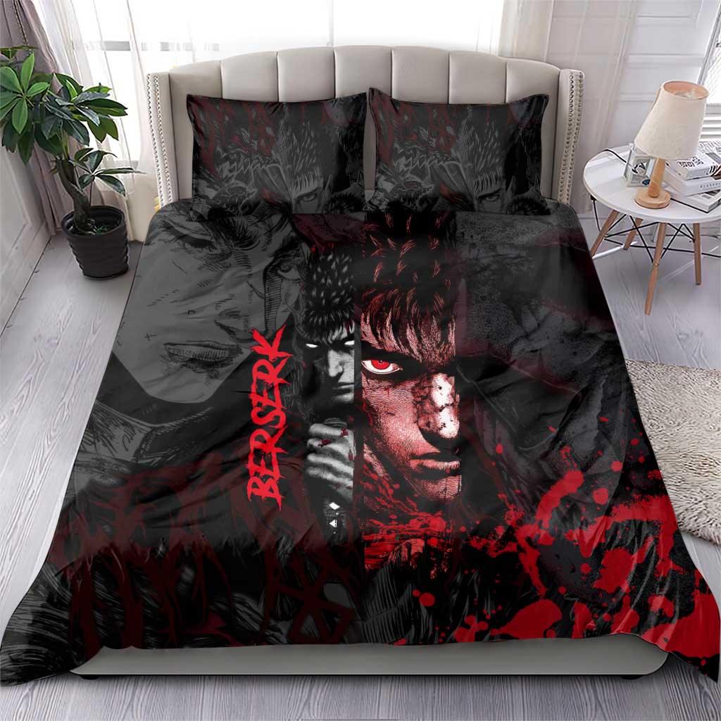 Guts Berserk Dark Theme Bedding Set with Blood Splatter and Intense Warrior Expression Design - The Mazicc