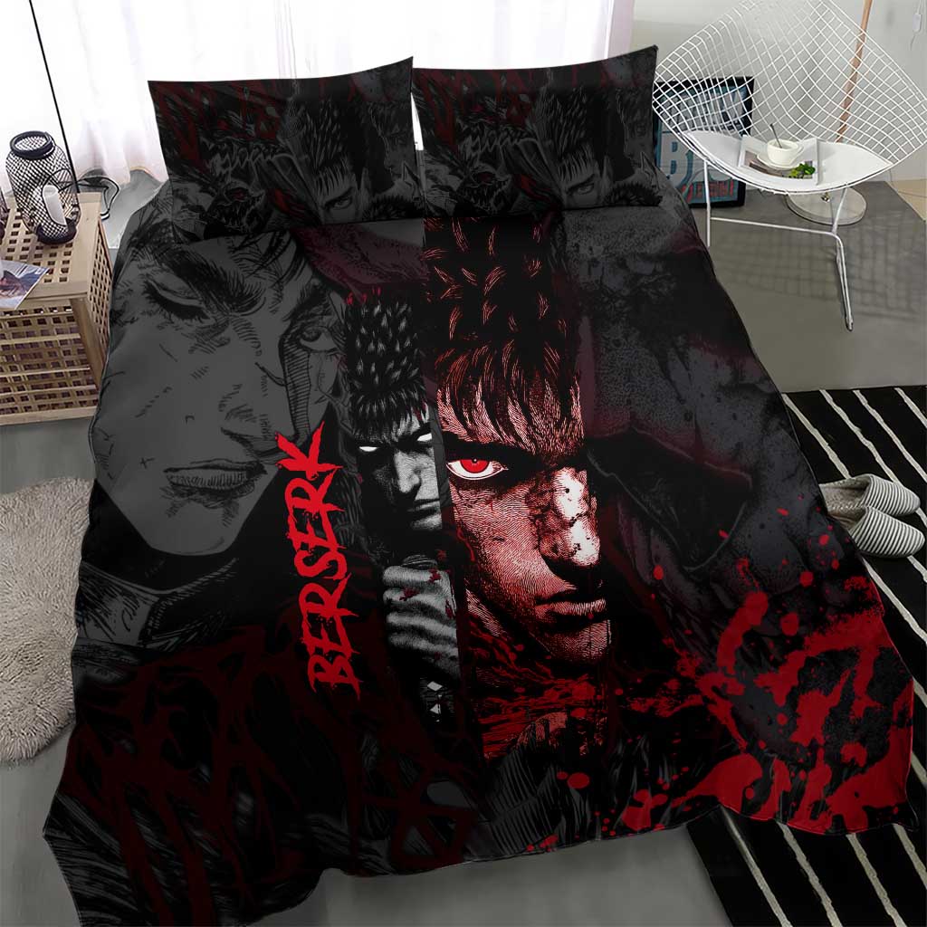Guts Berserk Dark Theme Bedding Set with Blood Splatter and Intense Warrior Expression Design - The Mazicc