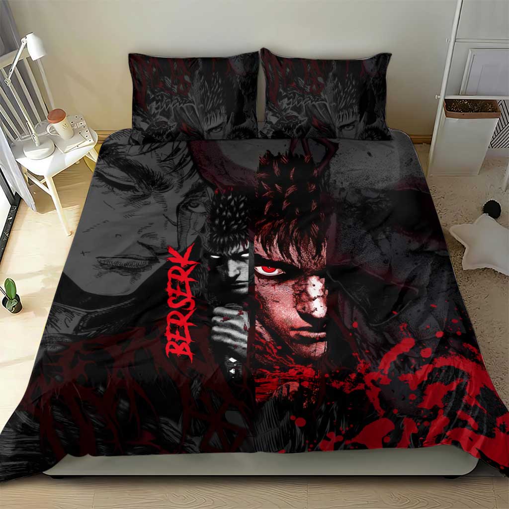 Guts Berserk Dark Theme Bedding Set with Blood Splatter and Intense Warrior Expression Design - The Mazicc