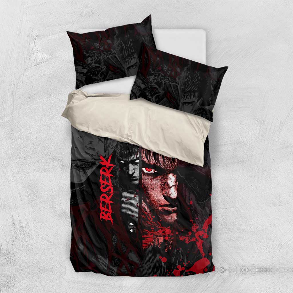 Guts Berserk Dark Theme Bedding Set with Blood Splatter and Intense Warrior Expression Design - The Mazicc