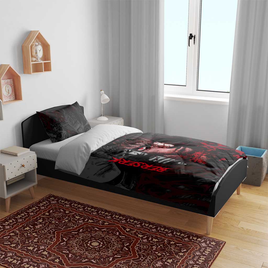 Guts Berserk Dark Theme Bedding Set with Blood Splatter and Intense Warrior Expression Design - The Mazicc
