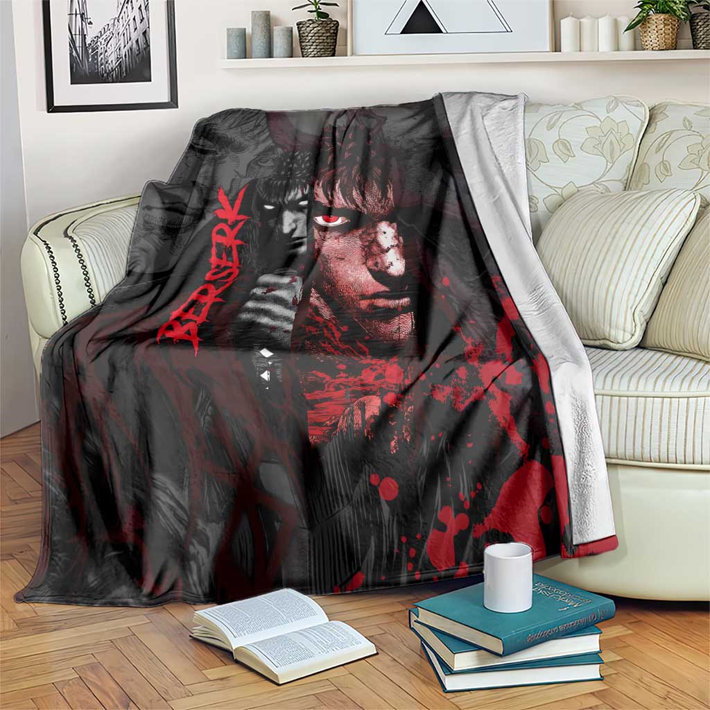 Guts Berserk Dark Theme Blanket with Blood Splatter and Intense Warrior Expression Design - The Mazicc