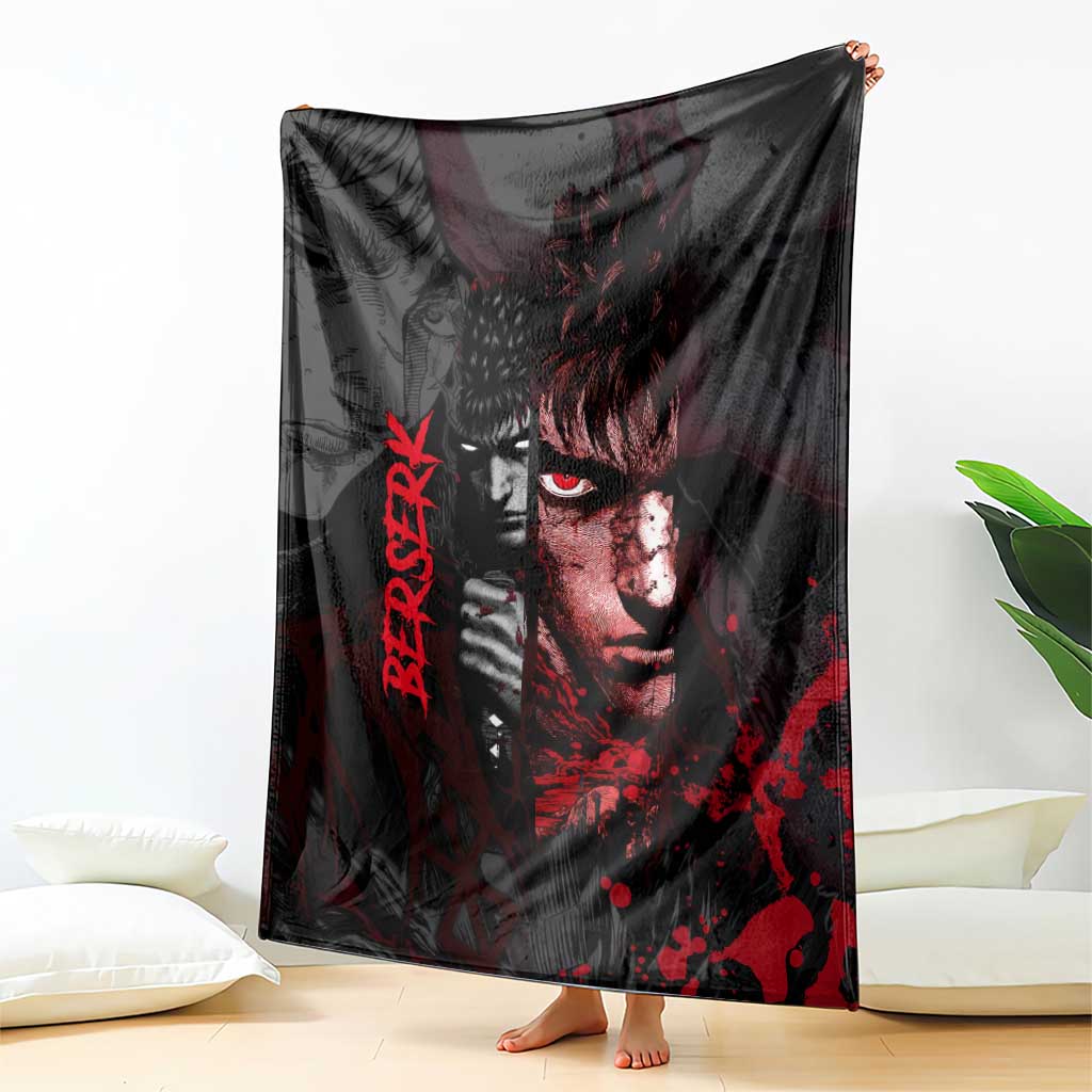 Guts Berserk Dark Theme Blanket with Blood Splatter and Intense Warrior Expression Design - The Mazicc