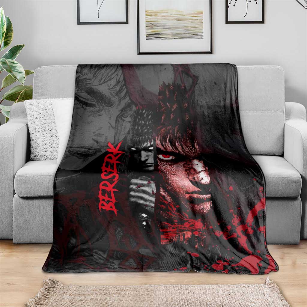 Guts Berserk Dark Theme Blanket with Blood Splatter and Intense Warrior Expression Design - The Mazicc